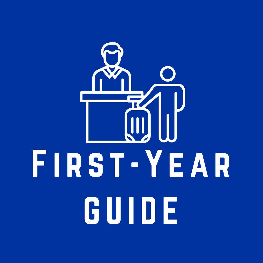 blue logo for hospitality and tourism management major, image is a drawing of person behind podium, another person standing with suitcase, above text that reads "first year guide"